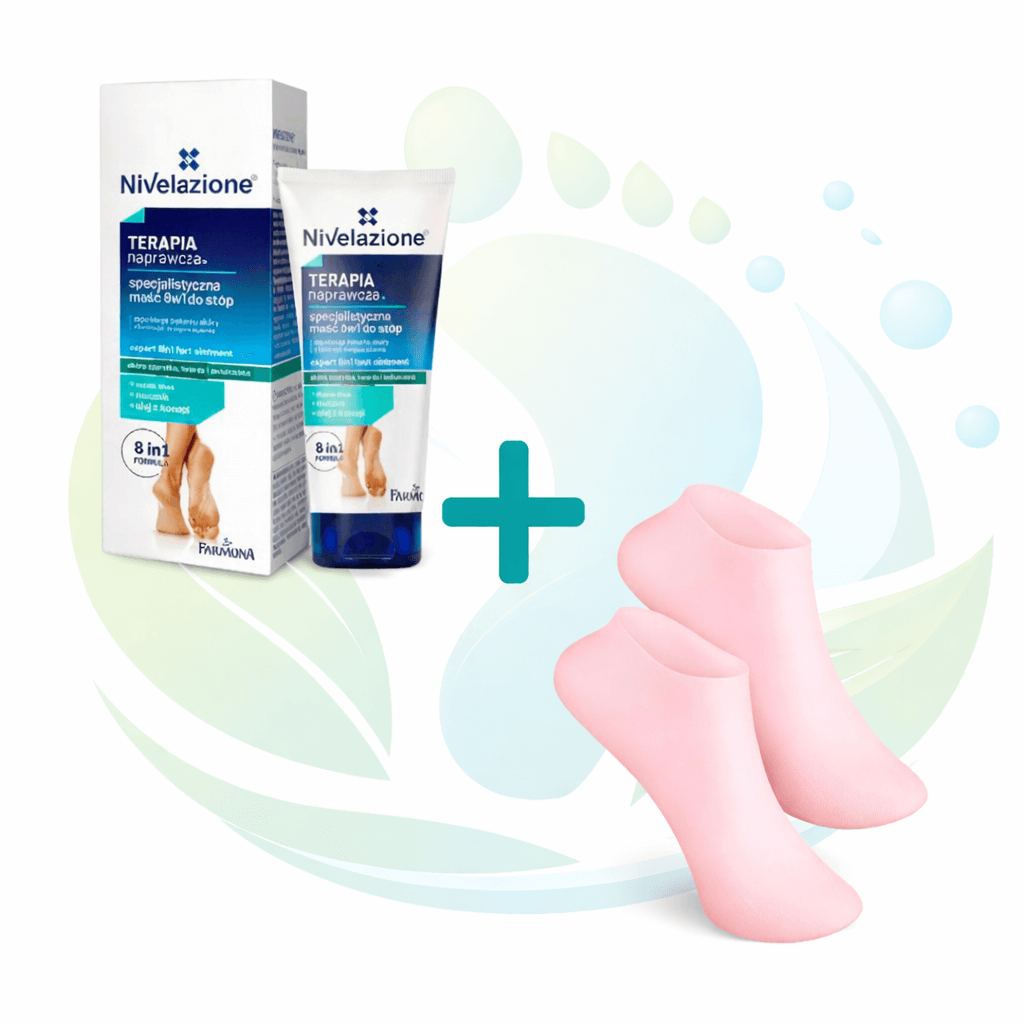 Kulnų priežiūros rinkinys/ritualas: Nivelazione Repair Therapy pėdų kremas/tepalas sutrūkinėjusiems kulnams (8in1) + silikoninės drėkinančios pėdų kojinės - sausos ir šiurkščios pėdų odos minkštinimui, kulnų trūkinėjimo priežiūrai, kremo poveikiui sustiprinti ir pėdų SPA namuose.