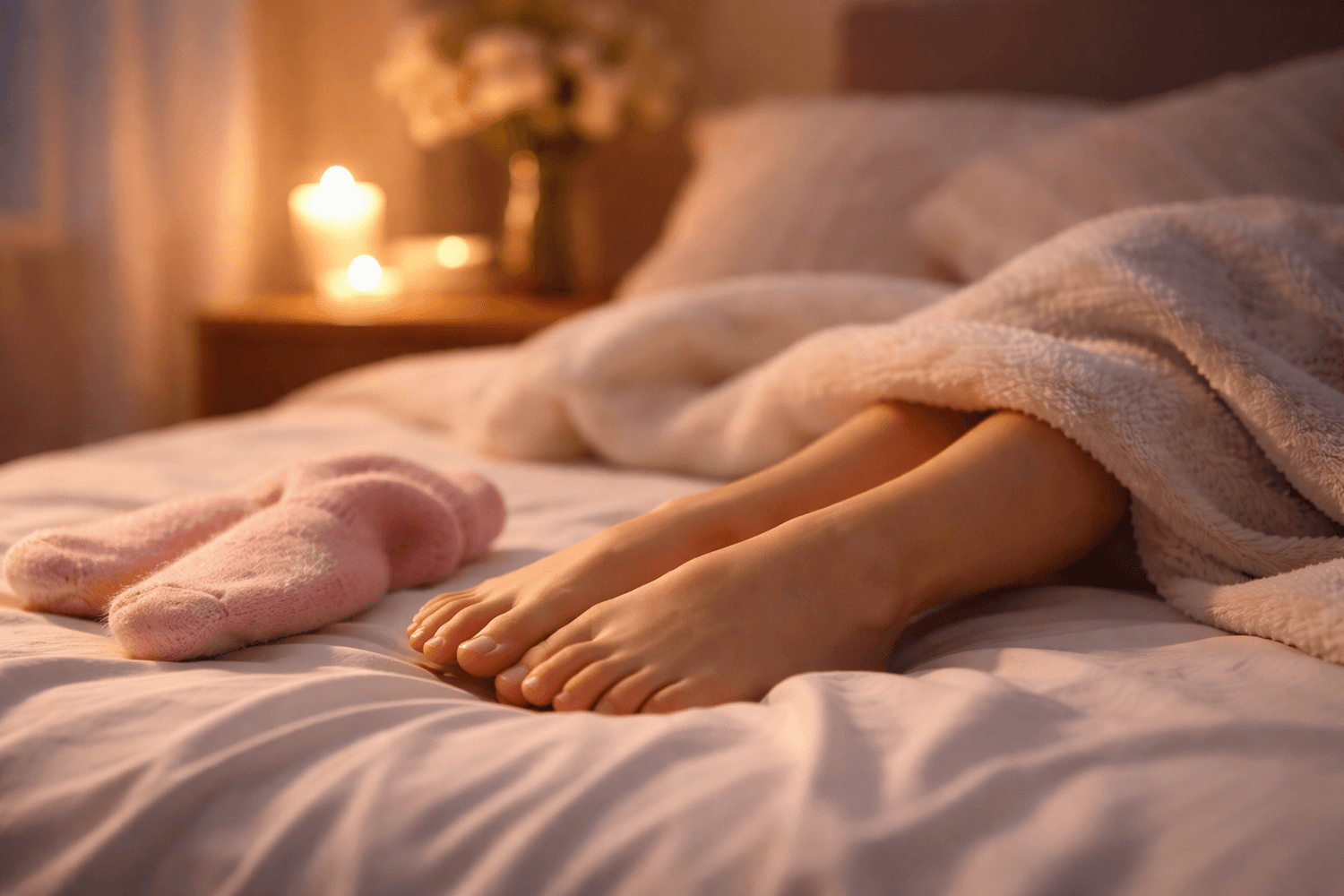 Naktinis pėdų atkūrimo ritualas namuose - pėdų priežiūra prieš miegą: pėdos lovoje su šiltu apšvietimu, intensyvus drėkinimas ir atstatymas per naktį sausai, šiurkščiai odai bei suskeldėjusiems kulnams.