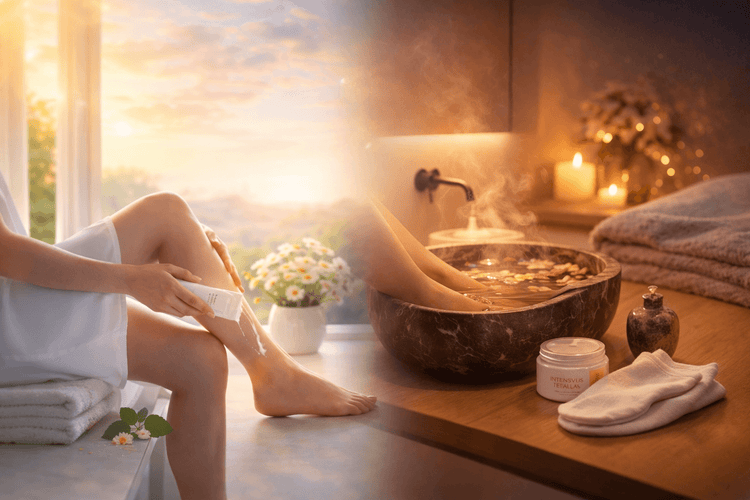 Kasdienė pėdų priežiūra namuose - pėdų SPA ritualas su šilta vonele, žvakėmis ir pėdų kremu: pėdų mirkymas, švelnus šveitimas ir drėkinimas sausai odai, šiurkštiems kulnams bei nuospaudoms mažinti po dienos.