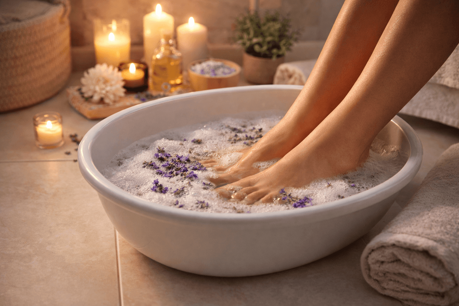 Pėdų SPA namuose - pėdų vonelė su šiltu vandeniu ir druska, atpalaiduojantis pedikiūro ritualas namuose: mirkymas nuovargiui mažinti, paruošimas švelniam šveitimui, sausai ir šiurkščiai odai bei suskeldėjusiems kulnams prižiūrėti.