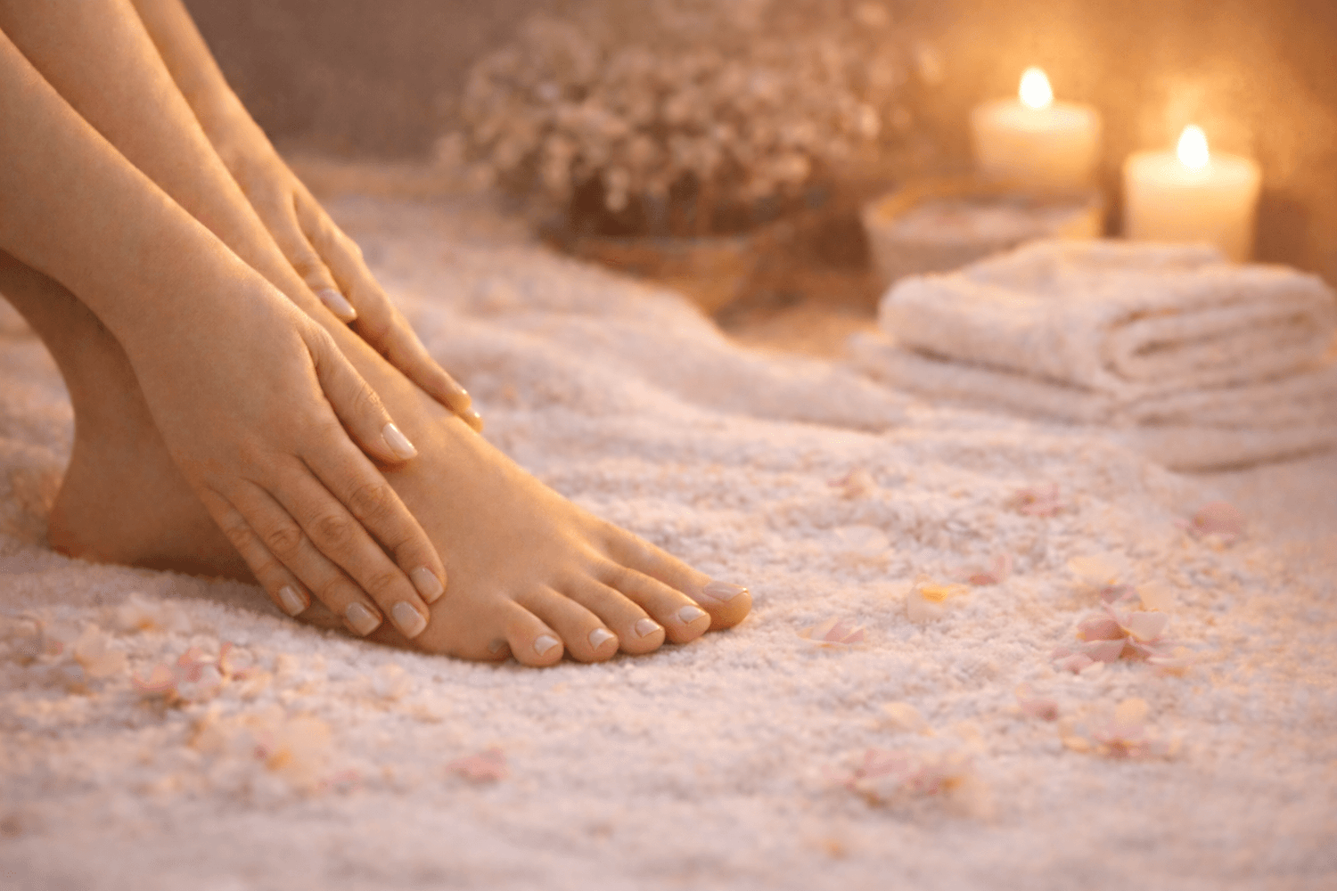 Švelnus atnaujinimas - pėdų priežiūros ritualas namuose: minkštos, prižiūrėtos pėdos ant rankšluosčio su žvakių šviesa, atsipalaidavimas po dienos, švelnus pedikiūras sausai odai ir kulnų šiurkštumui mažinti.