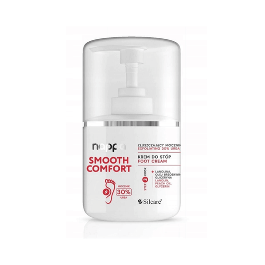 Silcare Nappa Smooth Comfort pėdų kremas su 30% šlapalo (urea) - intensyviai minkština suragėjusią ir sutrūkinėjusią pėdų odą, padeda kulnams, šiurkščiai odai ir nuospaudoms. Šveičiamasis urea kremas pėdų priežiūrai namuose.