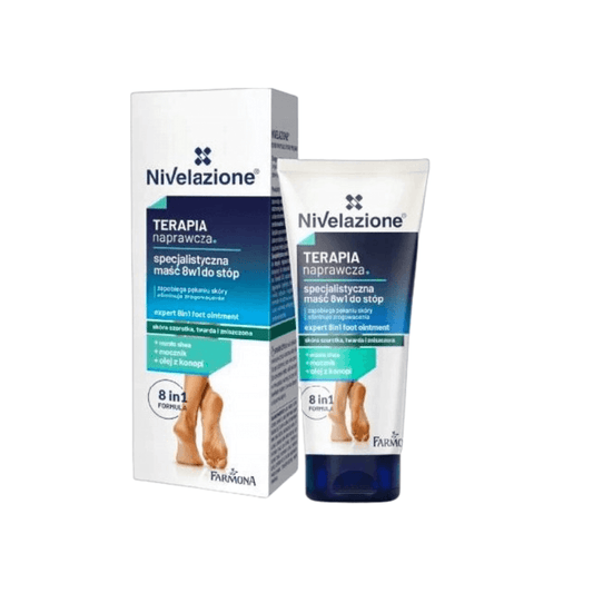 Nivelazione Terapia naprawcza pėdų tepalas/kremas tūbelėje su dėžute - intensyvi pėdų odos priežiūra sausai, šiurkščiai ir sutrūkinėjusiai odai bei kulnams. Regeneruojanti priemonė kulnų trūkinėjimui, suragėjusiai odai ir diskomfortui mažinti, pėdų priežiūrai namuose (8in1).