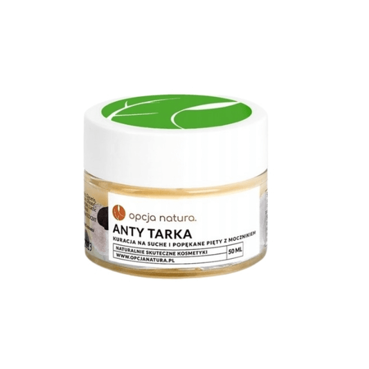Opcja Natura „Anty Tarka“ pėdų kremas su šlapalu (urea) 50 ml - intensyviai minkština suragėjusią pėdų odą, padeda sausai ir sutrūkinėjusiai odai bei kulnams. Pėdų priežiūros kosmetika šiurkščiai odai namuose.