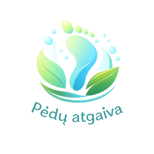 Pėdų atgaiva logotipas - mėtos spalvų pėdos simbolis su lapais, gaivumo jausmą kuriantis dizainas. Pėdų priežiūra namuose, švelnus šveitimas ir gilus drėkinimas.