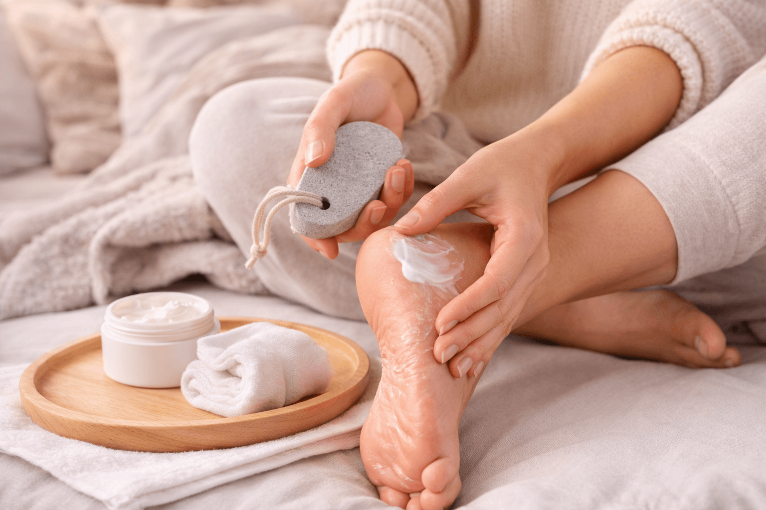 Pėdų priežiūra namuose - žmogus sėdi ant lovos ir atlieka pėdų priežiūros ritualą: rankoje laiko pemzą / pėdų akmenį kulnų šveitimui, o ant pėdos tepamas drėkinamasis kremas. Šalia padėkle - pėdų kremas ir rankšluostis. Namų pedikiūras sausai, šiurkščiai, suragėjusiai pėdų odai ir kulnams, minkštinimui, drėkinimui ir komfortui.