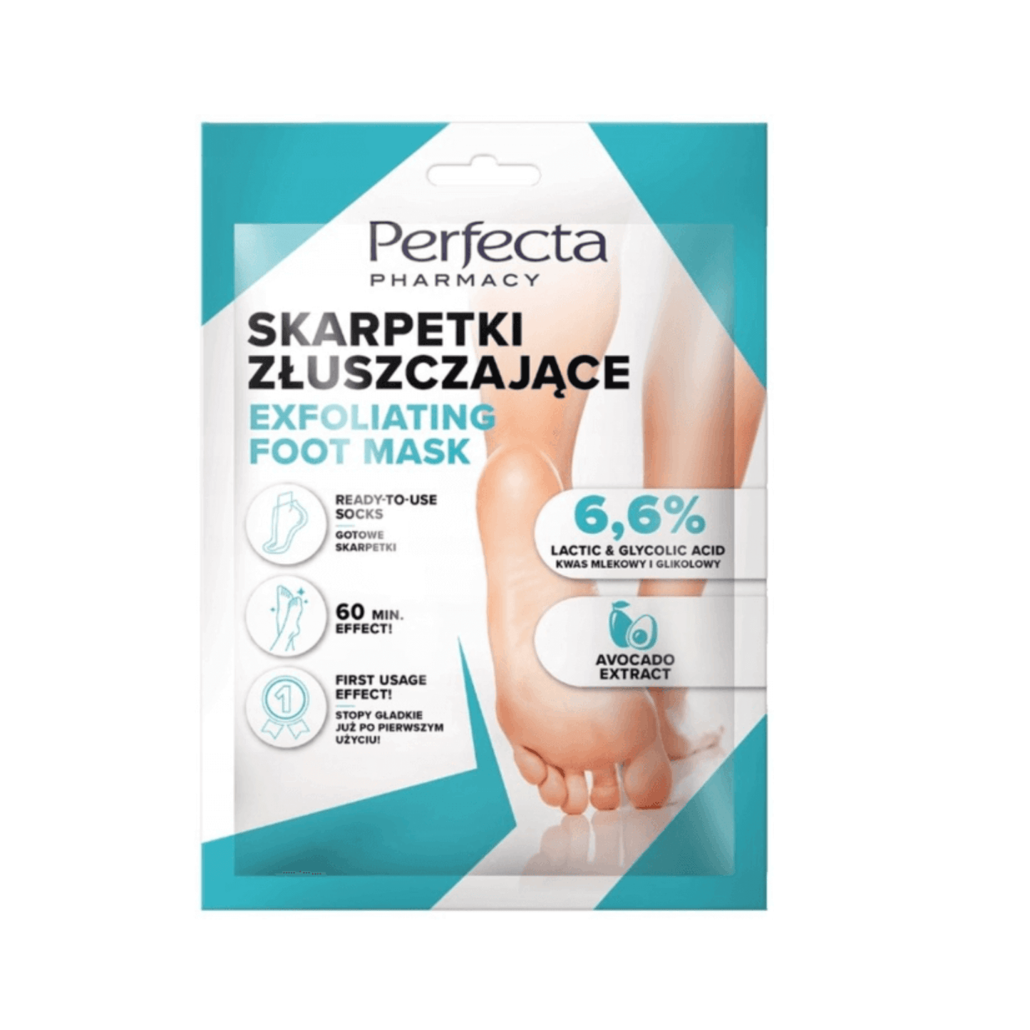 Perfecta Pharmacy Exfoliating Foot Mask šveičiamoji pėdų kaukė-kojinių pakuotė - 6,6% pieno ir glikolio rūgštys (lactic & glycolic acid) intensyviam pėdų odos šveitimui, suragėjusios odos ir šiurkščių kulnų priežiūrai namuose. Pėdų pilingo kojinės su avokado ekstraktu.
