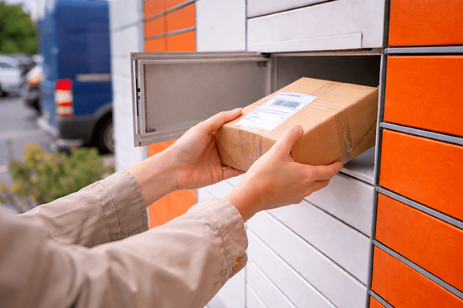 Siuntos pristatymas į paštomatą - patogus prekių atsiėmimas: rankos įdeda siuntinį į paštomato dėžutę, greitas ir saugus atsiėmimas bet kuriuo metu, tinkama e. parduotuvės „Pėdų atgaiva“ užsakymams ir pėdų priežiūros priemonėms.