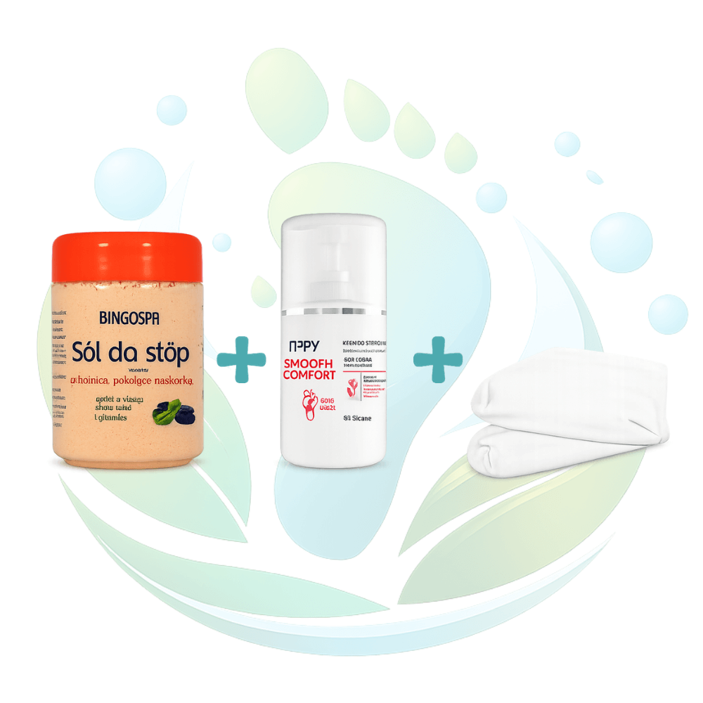 Pėdų priežiūros rinkinys/ritualas: BingoSpa pėdų vonelės druska pėdų mirkymui + Silcare Nappa Smooth Comfort pėdų kremas su 30% šlapalo (urea) + medvilninės pėdų kojinės - sausos, šiurkščios ir suragėjusios pėdų odos minkštinimui, kulnų priežiūrai, intensyviam drėkinimui ir pėdų SPA namuose.