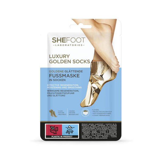 SheFoot Laboratories Luxury Golden Socks pėdų kaukė-kojinių pakuotė - auksinės pėdų kaukės-kojinės intensyviam pėdų odos drėkinimui, regeneracijai ir glotninimui. Skirta sausai, šiurkščiai pėdų odai ir kulnams, pėdų SPA ir priežiūrai namuose.