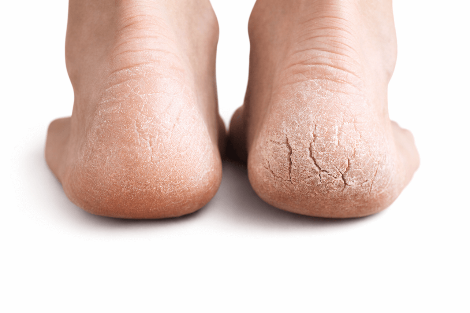 Sutrūkę ir sausi kulnai iš arti - šiurkšti, suragėjusi pėdų oda su įtrūkimais. Pėdų priežiūra namuose, kulnų minkštinimas, drėkinimas ir regeneracija (urea kremas, šveitimas, pėdų kaukė/kojinių kaukė).